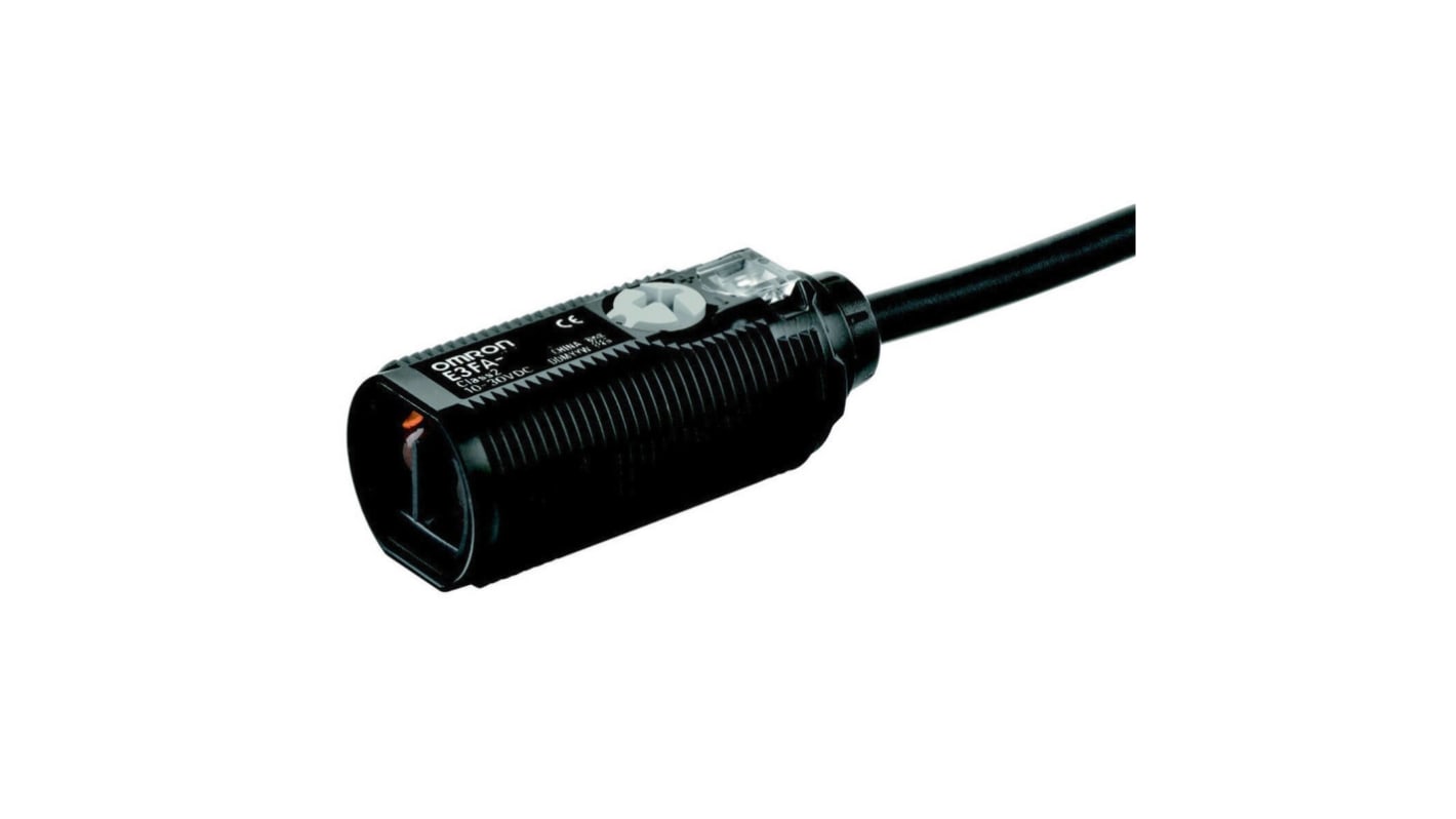 Sensore fotoelettrico cilindrico Omron E3FA-DP13 2M, rilevamento fino a 1000 mm, uscita PNP, robusto e impermeabile.