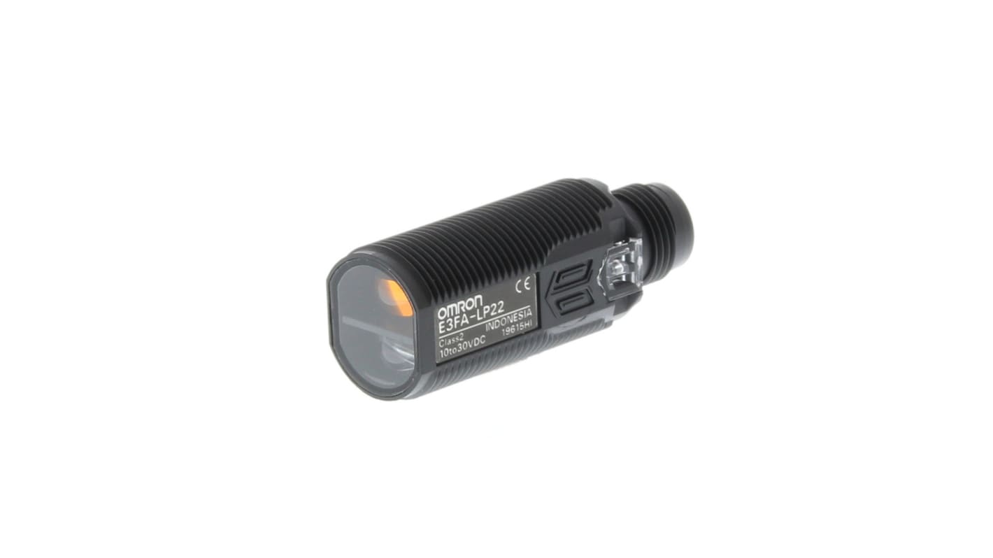 Sensore fotoelettrico cilindrico Omron E3FA-LP22-F2, rilevamento a 200 mm, uscita PNP, robusto e impermeabile.