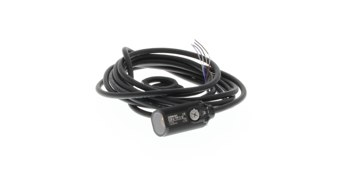 Sensore fotoelettrico cilindrico Omron E3FA-TP11-D 2M, rilevamento 200 mm, uscita PNP, montaggio semplice, robusto e impermeabile.