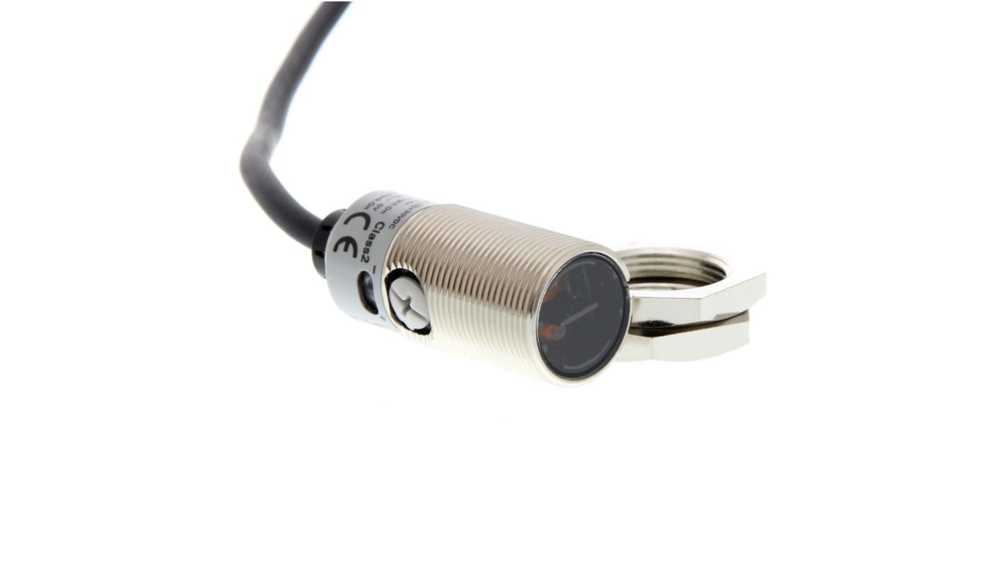 Sensore fotoelettrico cilindrico Omron E3FB-DP13 2M, rilevamento fino a 1000 mm, uscita PNP, robusto e impermeabile.