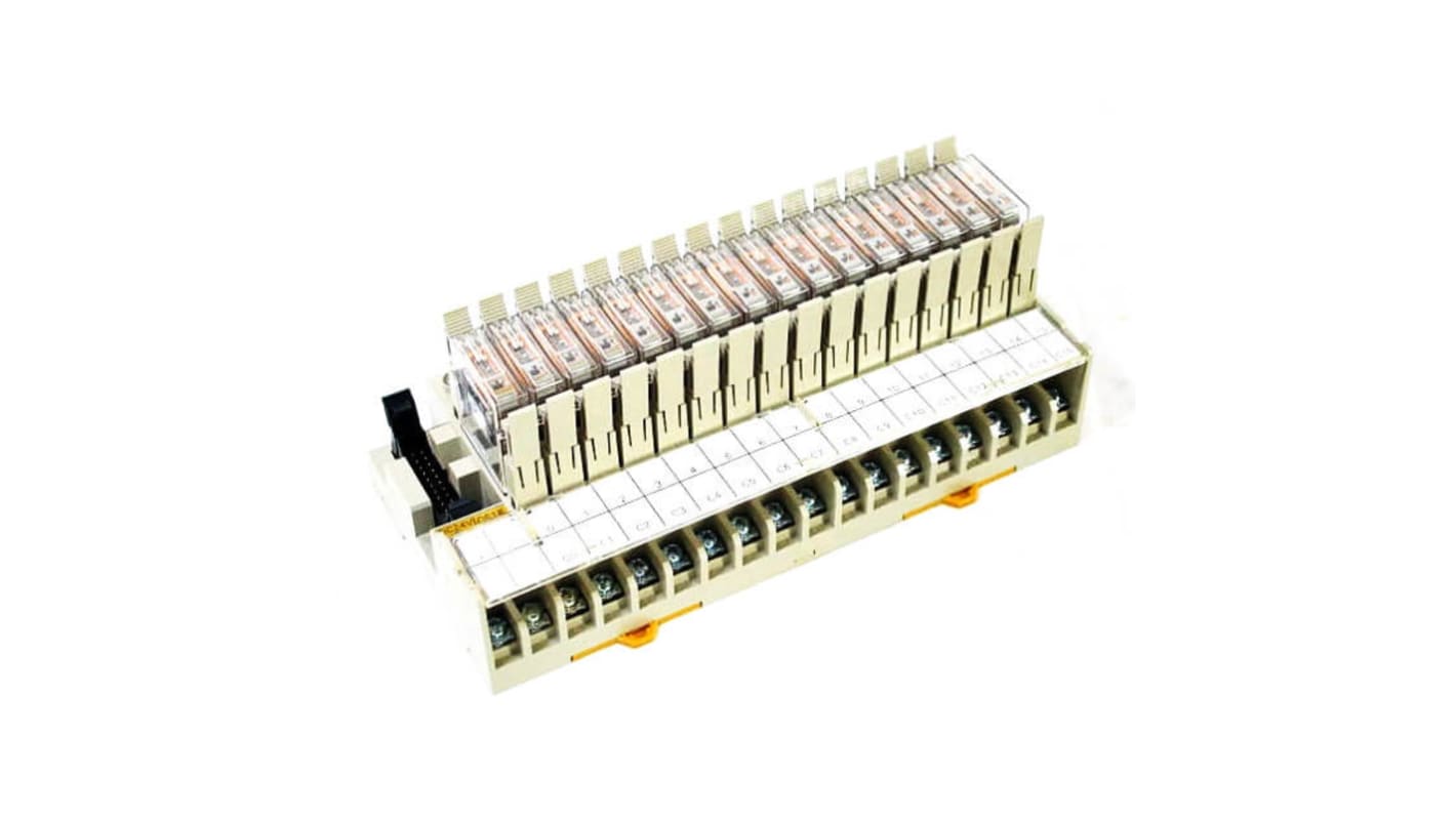 Omron G7TC-OC16 DC24, morsettiera per PLC con montaggio su guida DIN, indicatori LED e circuito soppressore, dimensioni 162 x 85 mm.