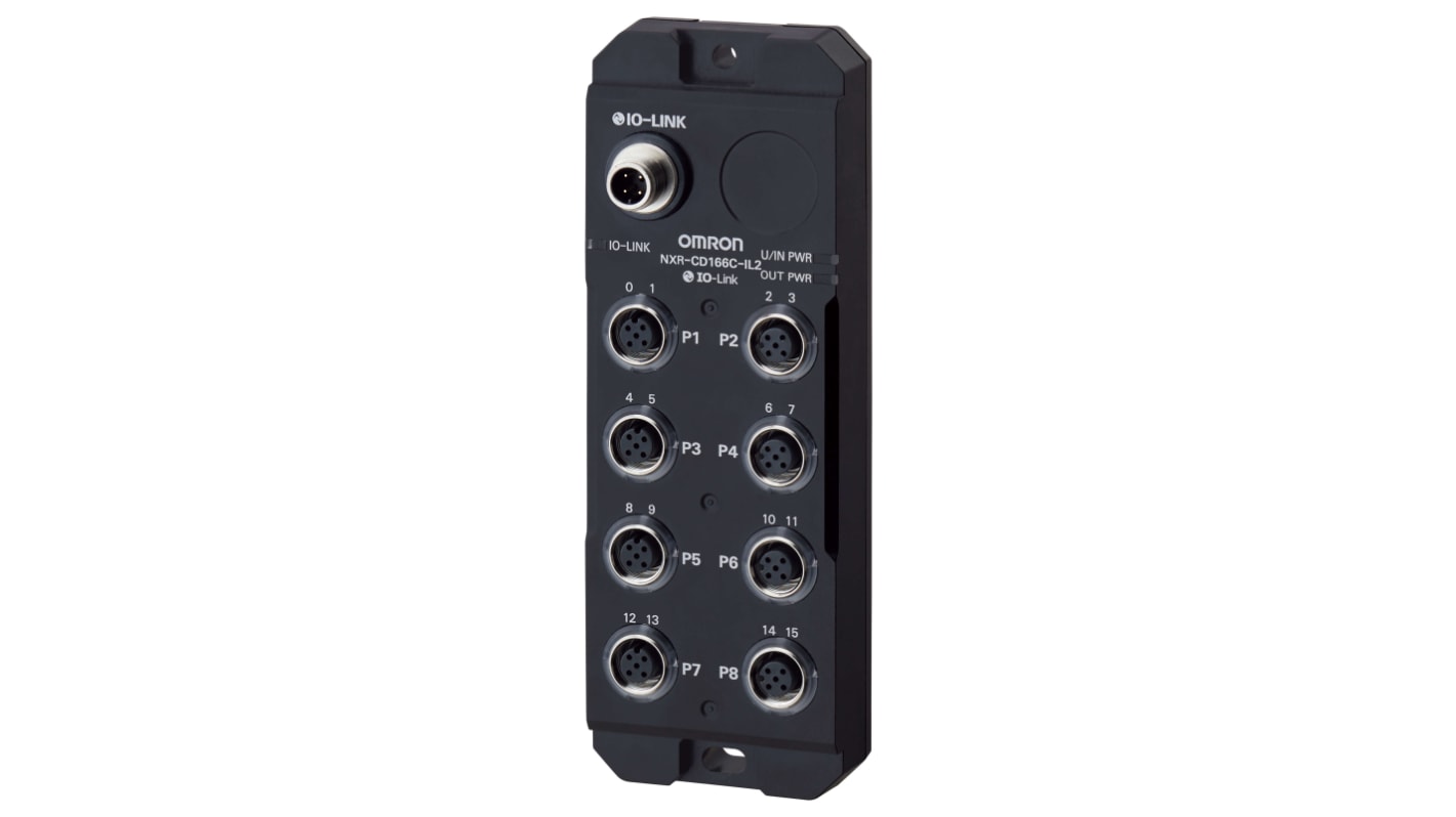 Modulo I/O remoto Omron NXR-CD166C-IL2, hub PNP IP67, dimensioni 176 x 67 x 32 mm, monitoraggio tensione e cortocircuiti.