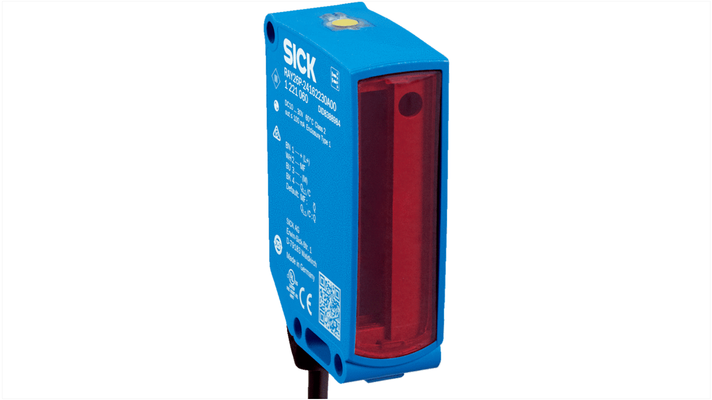 Sensore fotoelettrico rettangolare a retroriflessione Sick 1111102, rilevamento fino a 4,5 m, uscita NPN/PNP, grado di protezione IP66/IP67.