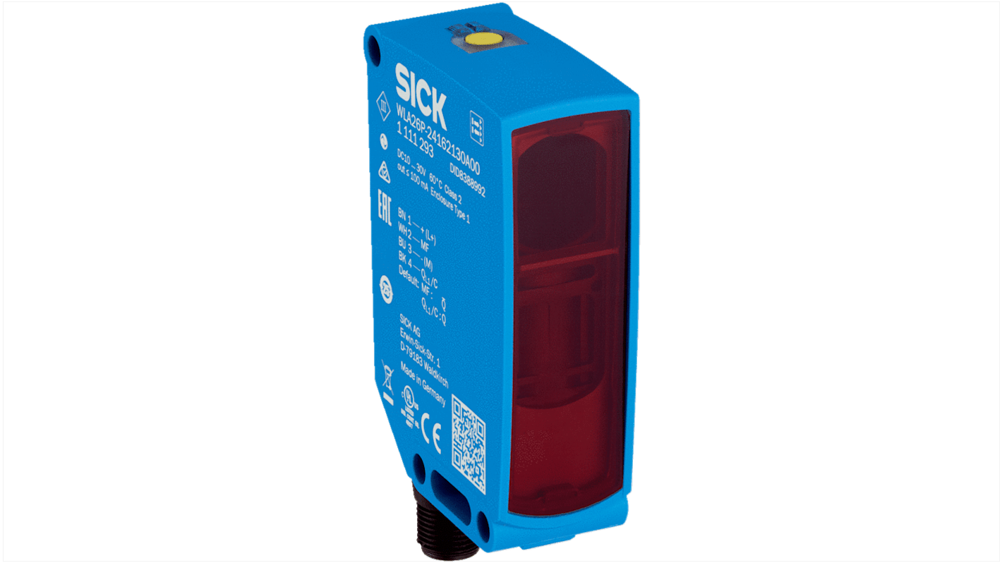 Sensore fotoelettrico rettangolare a retroriflessione Sick 1111236, rilevamento fino a 18 m, uscita NPN/PNP, grado di protezione IP66/IP67/IP69K.