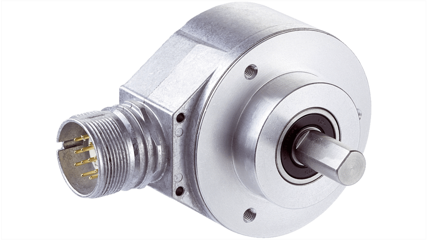 Sick AFM60A-S4AA004096, encoder assoluto 10mm, uscita SSI, risoluzione 30 bit, montaggio a flangia, dimensioni 60x60x75 mm.