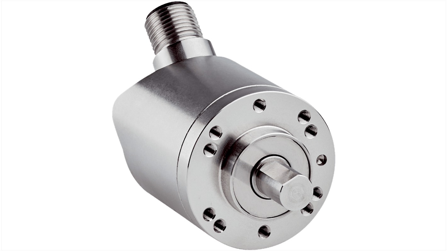 Encoder assoluto Sick AHS36I-S4QC016384, montaggio a flangia, diametro albero 10 mm, risoluzione 26 bit, IP67/IP69K. Dimensioni 36x36x48 mm.