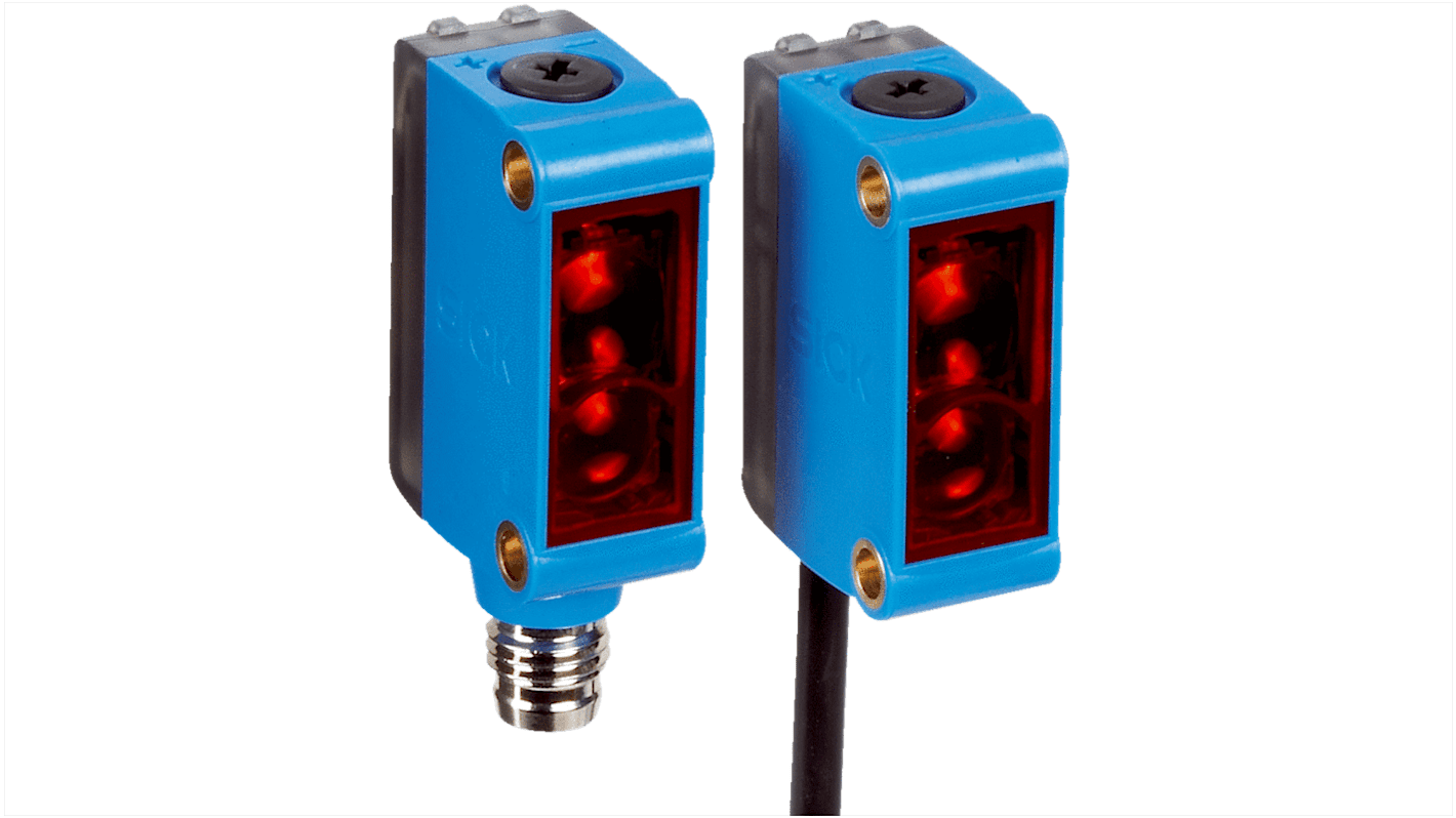 Sensore fotoelettrico rettangolare Sick GE6-P4511S55, rilevamento fino a 15 m, uscita PNP, grado di protezione IP67.