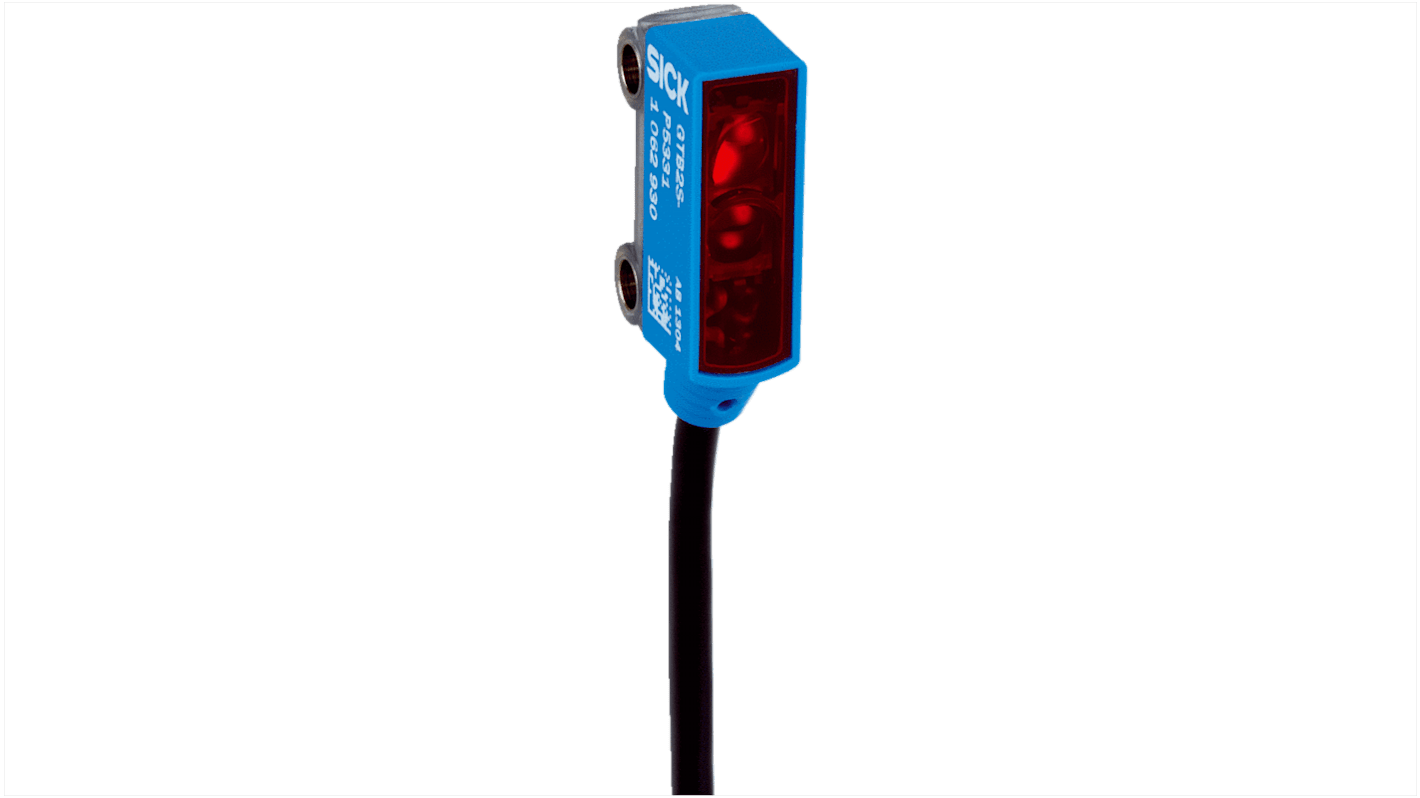 Sensore fotoelettrico rettangolare Sick GL2S-E1311 a retroriflessione, rilevamento fino a 3 m, IP67, montaggio a foro.