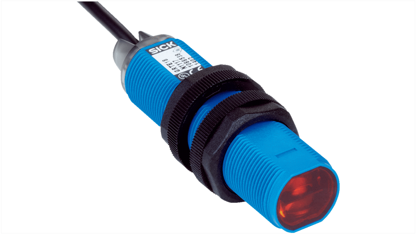 Sensore fotoelettrico cilindrico Sick GRL18-N1137 a retroriflessione, rilevamento fino a 7,2 m, IP67, alloggiamento in acciaio inox.