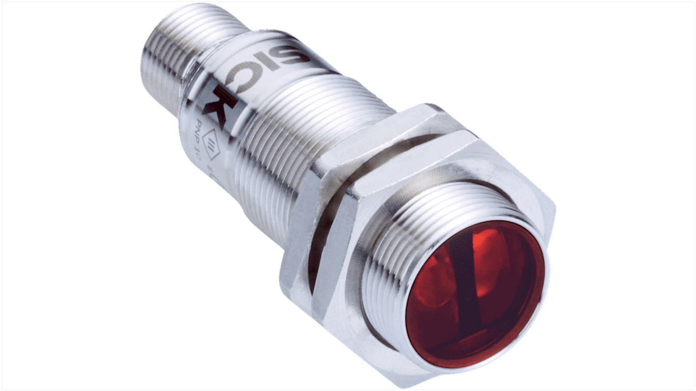 Sensore fotoelettrico cilindrico Sick GRL18S-K2431V a retroriflessione, rilevamento fino a 7,2 m, con connettore M12, grado di protezione IP67/IP68/IP69K.