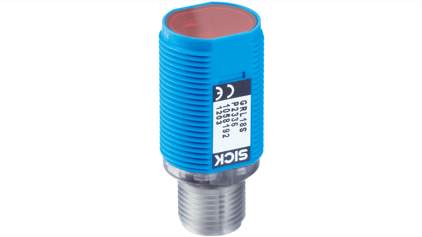 Sensore fotoelettrico cilindrico Sick GRL18S-N1136 a retroriflessione, rilevamento fino a 7,2 m, montaggio a pannello, IP67.