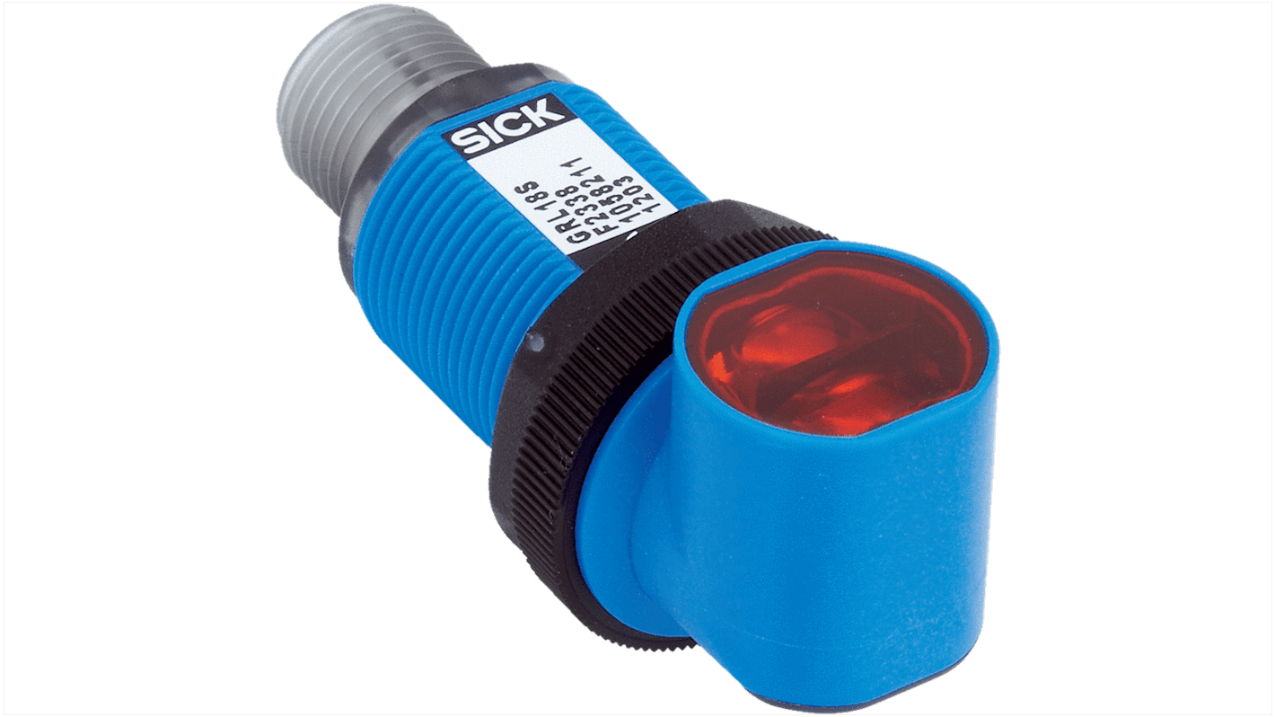 Sensore fotoelettrico cilindrico a retroriflessione Sick GRL18S-P2358, rilevamento fino a 7,2 m, montaggio a pannello, IP67.