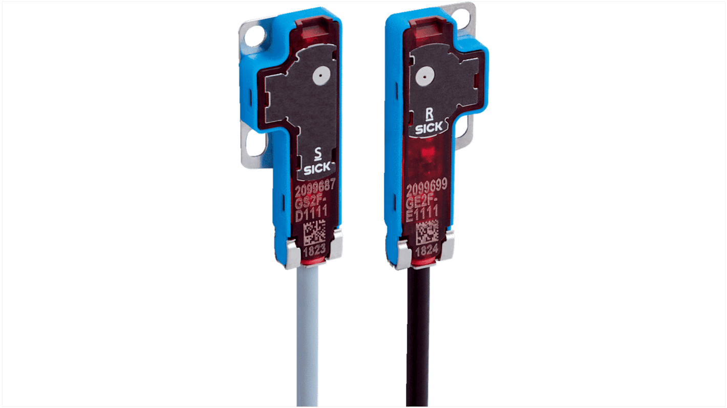Sensore fotoelettrico rettangolare Sick GSE2F-F5121, rilevamento a fascio passante fino a 200 mm, grado di protezione IP67.