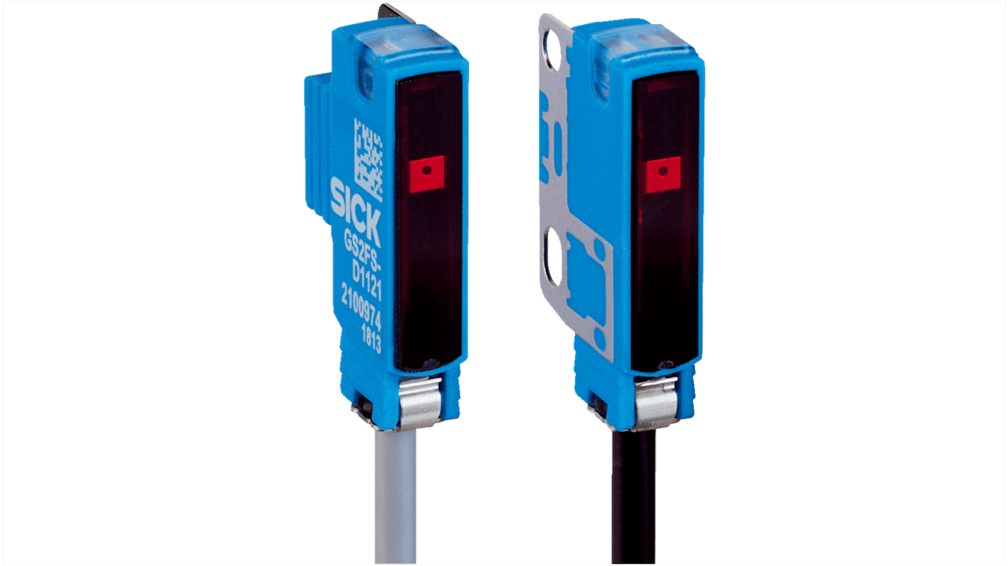 Sensore fotoelettrico Sick GSE2FS-E1121, miniaturizzato, rilevamento 0-200 mm, uscita NPN, grado di protezione IP67.