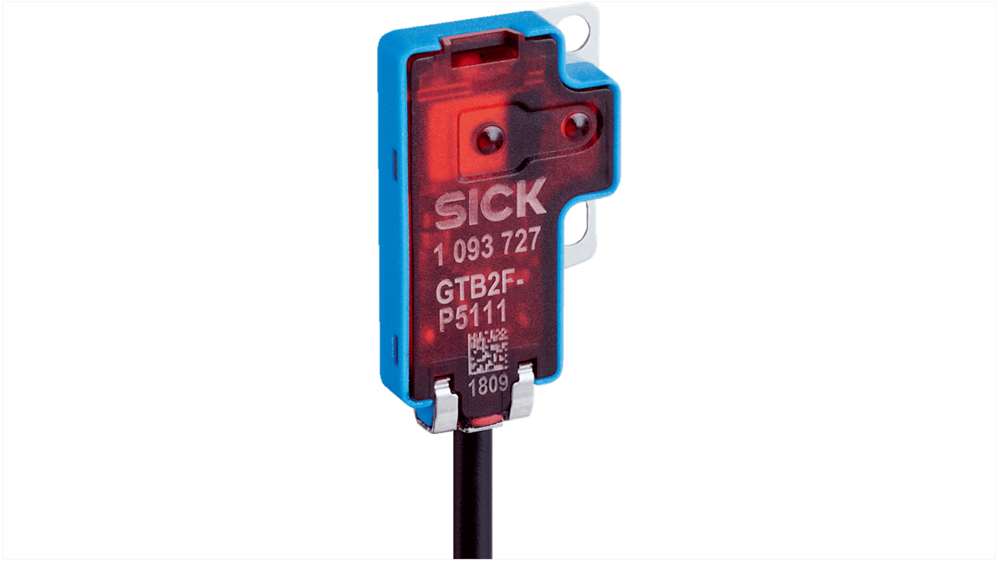 Sensore fotoelettrico rettangolare Sick GTB2F-F5111, tipo prossimità, gamma di rilevamento 1-18 mm, alloggiamento ultrasottile IP67.