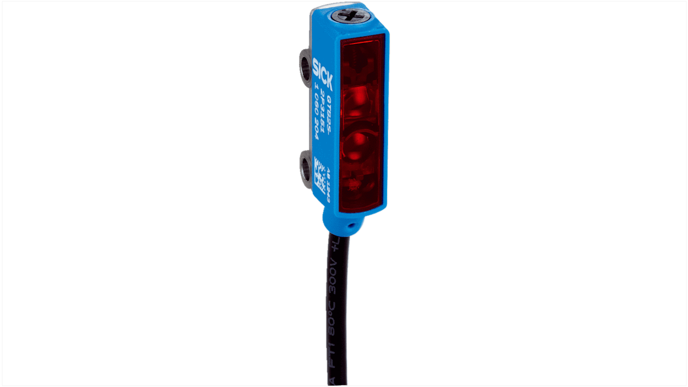 Sensore fotoelettrico rettangolare Sick GTB2S-N5451, rilevamento 2-120 mm, uscita NPN, connettore M8, grado di protezione IP67.