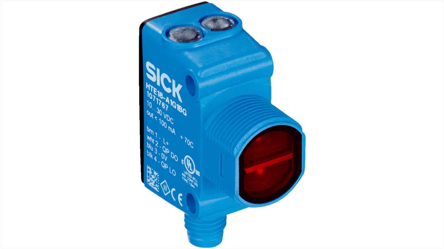 Sensore fotoelettrico cilindrico Sick HL18-P3A3BB a retroriflessione, rilevamento fino a 6,5 m, uscita PNP, grado di protezione IP67.
