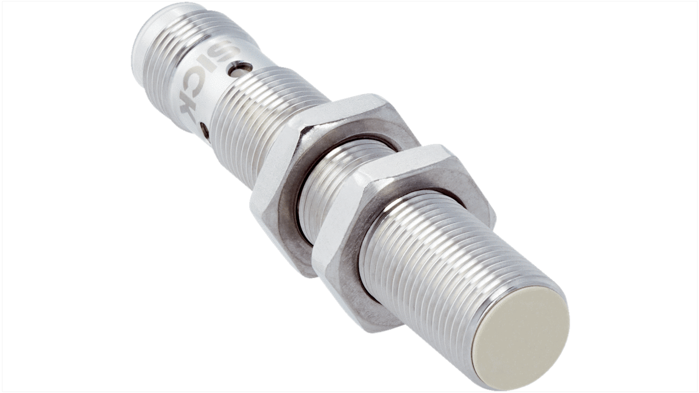 Sensore di prossimità induttivo cilindrico Sick IMF12-04BPSNC0SX01, PNP, M12, rilevamento 4 mm, IP67, montaggio a filo.