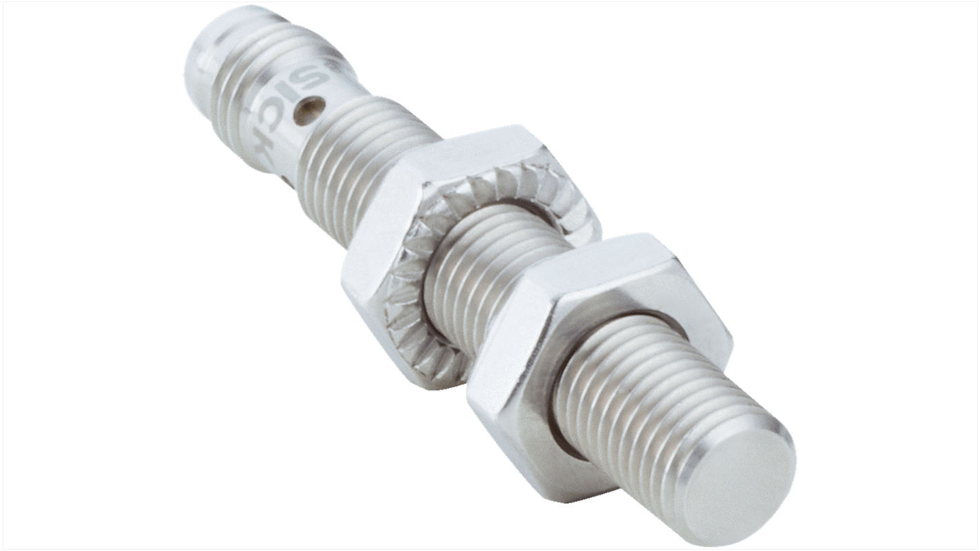 Sensore di prossimità induttivo cilindrico Sick IMI08-02BPOVT0S, PNP, M8, rilevamento 2 mm, IP68, acciaio inossidabile.