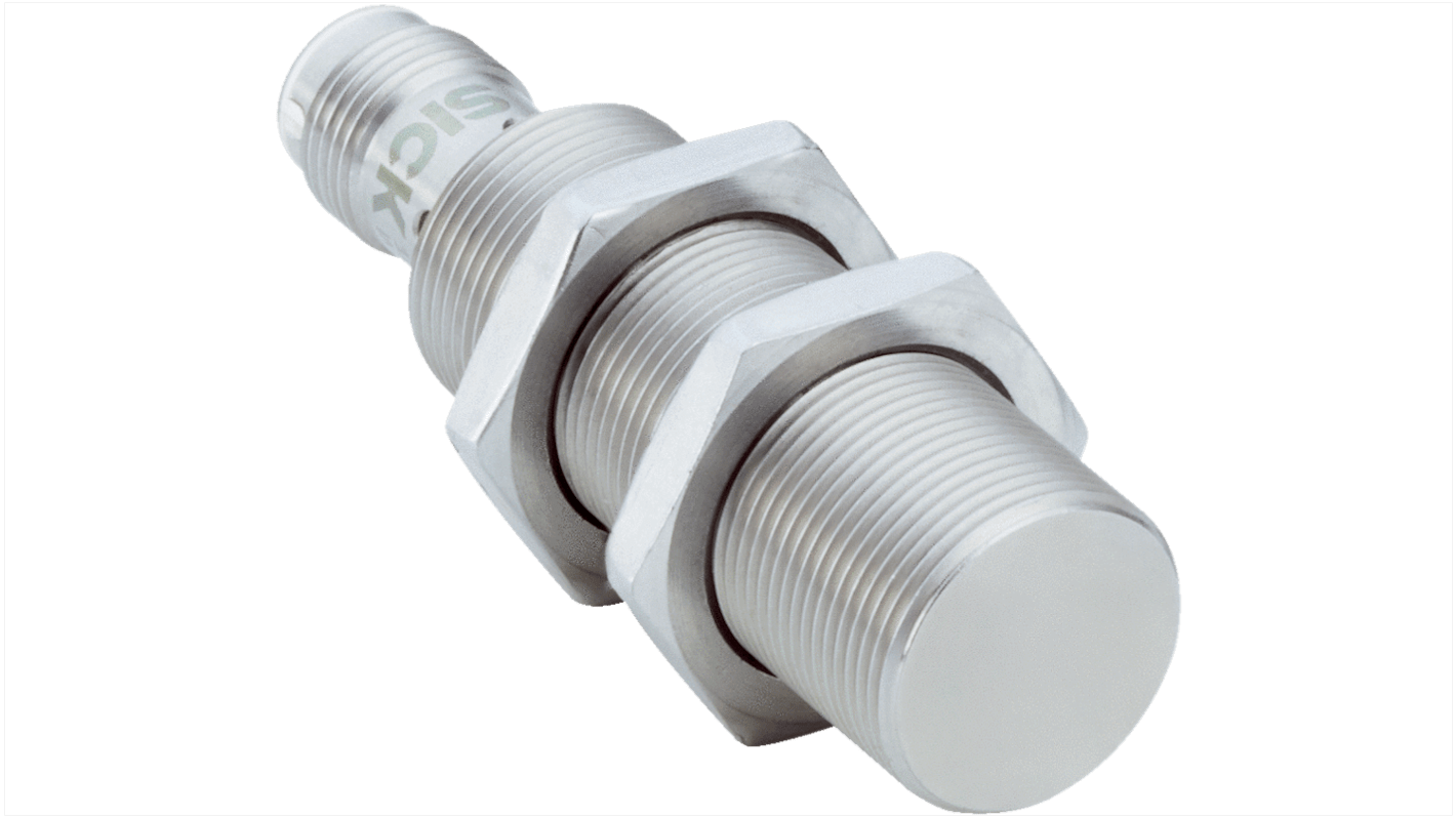 Sensore di prossimità induttivo cilindrico Sick IMI18-08BPONC0S, PNP, M18 x 1, rilevamento 8 mm, IP68, acciaio inossidabile.