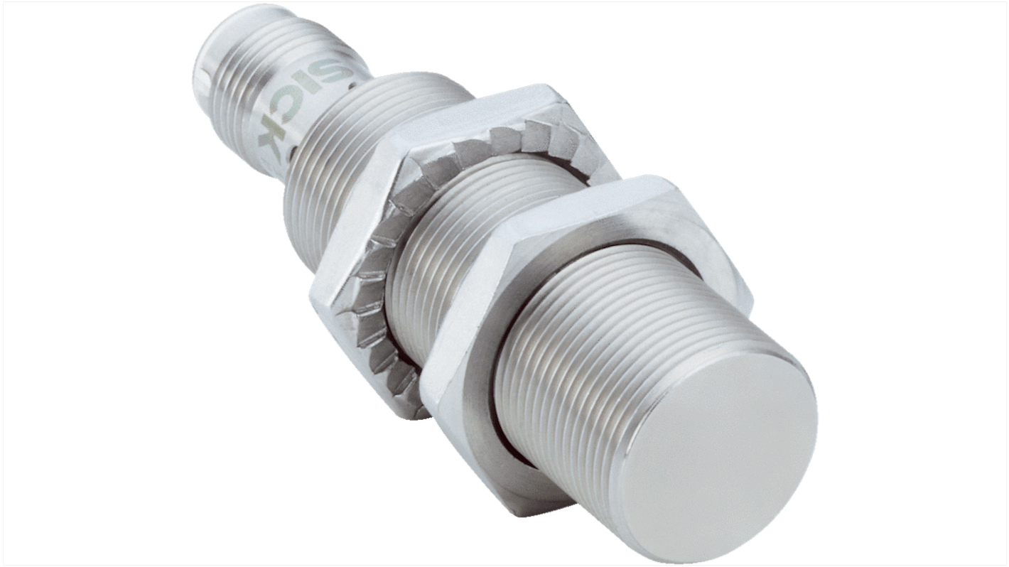 Sensore di prossimità induttivo cilindrico Sick IMI18-08BPSVC0S, PNP, M18, 8 mm, IP68/IP69K, montaggio a filo, acciaio inossidabile.