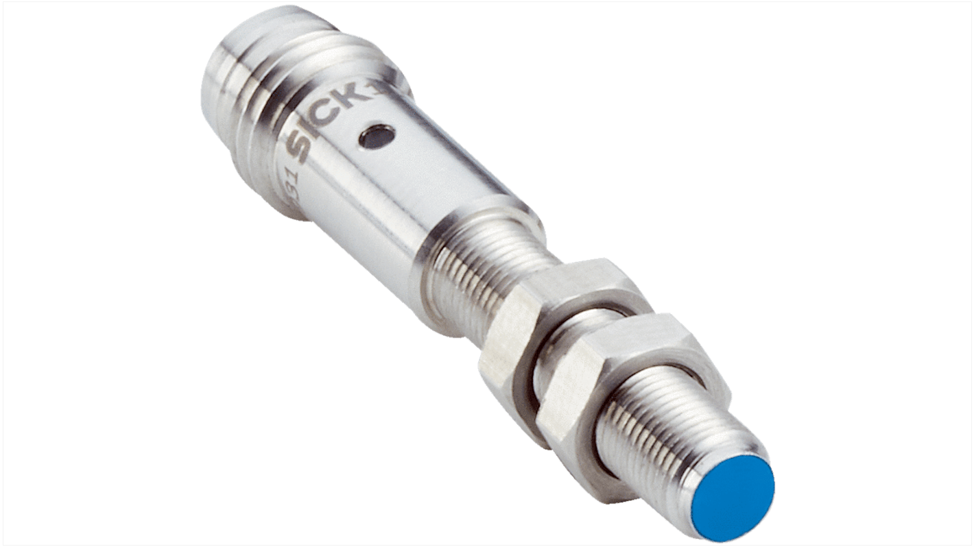 Sensore di prossimità induttivo cilindrico Sick IMM05-0B8PSVT0S, PNP, M5, rilevamento 0,8 mm, IP67, acciaio inossidabile.