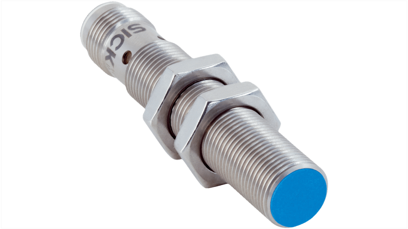 Sensore di prossimità induttivo cilindrico Sick IMS12-04BPSNC0S, filettatura M12, uscita PNP, grado di protezione IP68.