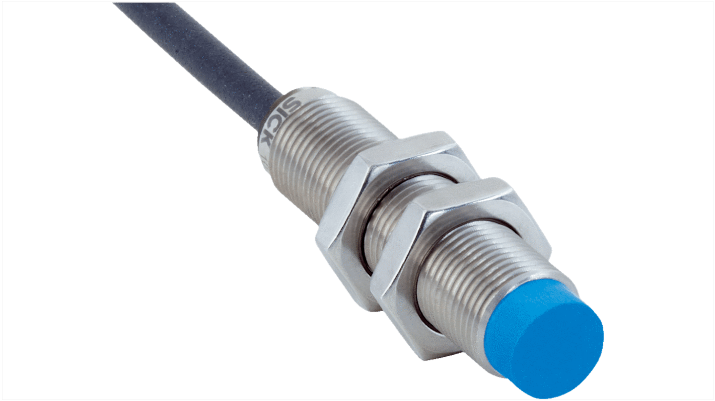 Sensore di prossimità induttivo cilindrico Sick IMS12-08NPSNU2S, PNP, M12, rilevamento 8 mm, IP68/IP69K, acciaio inossidabile.
