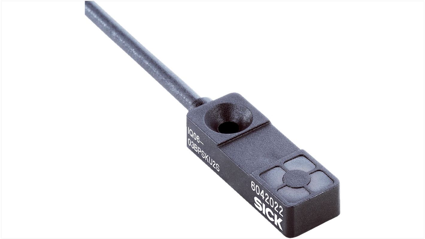 Sensore di prossimità induttivo rettangolare Sick IQ06-03BPOKU5S, tecnologia NPN, montaggio a filo, dimensioni 10 x 30 x 6 mm.