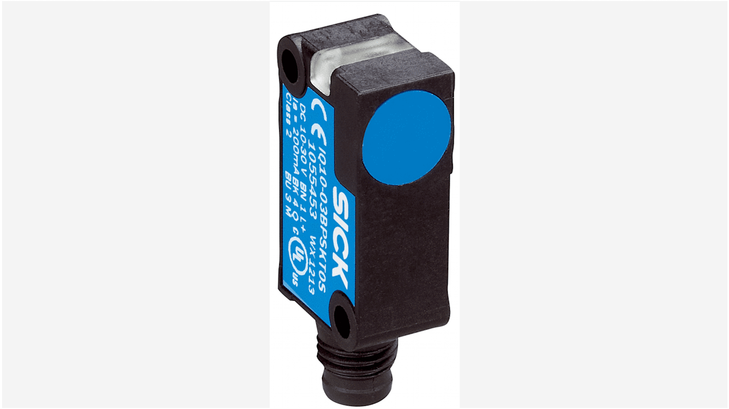 Sensore di prossimità induttivo rettangolare Sick IQ10-06NPSKWDSS08, PNP, 6 mm, IP68, 10-30 V CC, 10.3 x 28 mm, montaggio a filo.