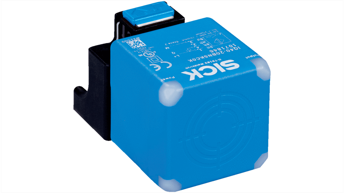 Sensore di prossimità induttivo rettangolare Sick IQ40-40NNSKC0K, tecnologia NPN, rilevamento fino a 40 mm, IP 68/69K. Montaggio push-lock, connettore M12 a 4 pin.