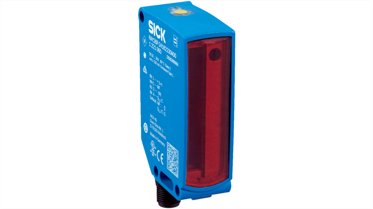Sensore fotoelettrico rettangolare Sick RAY26P-24162130A00, rilevamento fino a 1,5 m, uscita PNP, grado di protezione IP66/IP67.