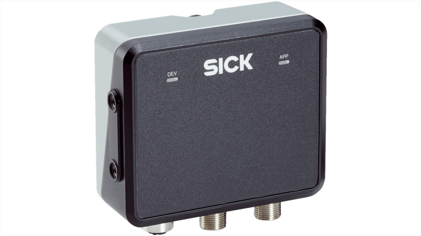 Sensore radar Sick RMS1731C-636111, robusto alloggiamento in alluminio, angolo di apertura regolabile, dimensioni 97mm x 34mm.