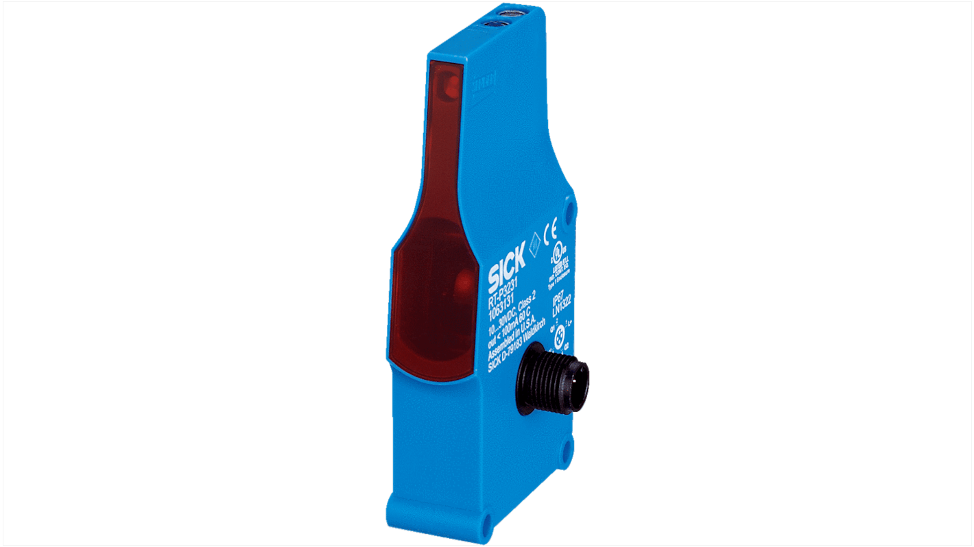 Sensore fotoelettrico rettangolare Sick RT-B1117, rilevamento 60-900 mm, uscita NPN/PNP, IP67, temperatura -40/+60 °C.