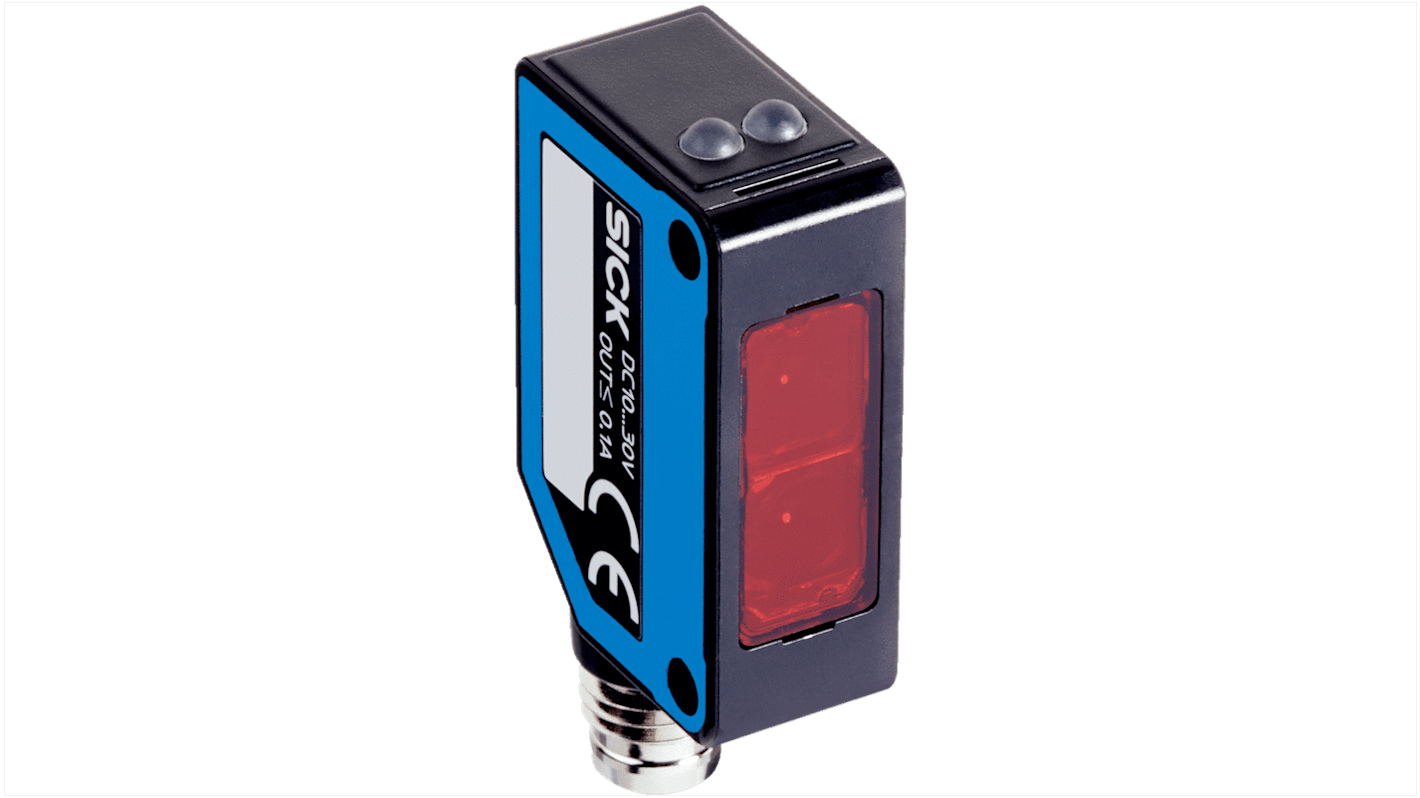 Sensore fotoelettrico rettangolare Sick WL100-2P4239S09, retro-riflettente, gamma 6,3 m, uscita PNP, IP67, montaggio M3.