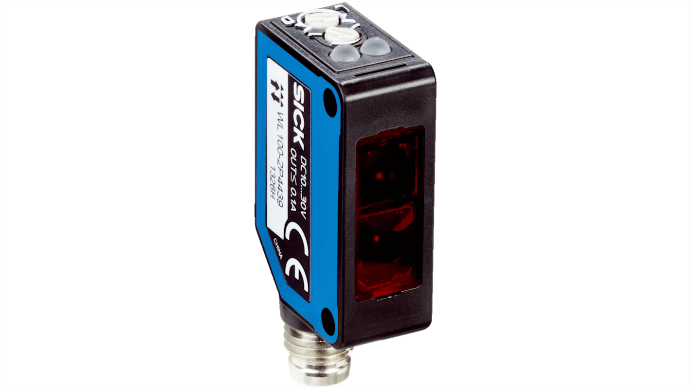 Sensore fotoelettrico rettangolare Sick WL100-2P4400S38, retro-riflettente, rilevamento fino a 7,2 m, IP67, montaggio M3.