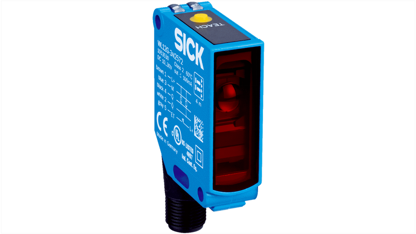 Sensore fotoelettrico rettangolare Sick WL12G-3N2502S08 a retroriflessione, rilevamento fino a 3 m, uscita NPN, grado di protezione IP66/IP67.