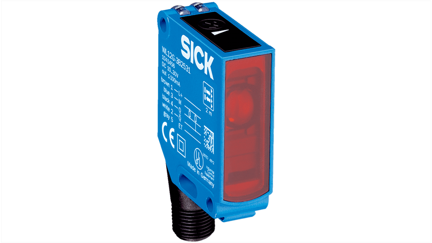 Sensore fotoelettrico rettangolare Sick WL12G-3O2431S47 a retroriflessione, gamma di rilevamento 4 m, uscita PNP, connettore M12.