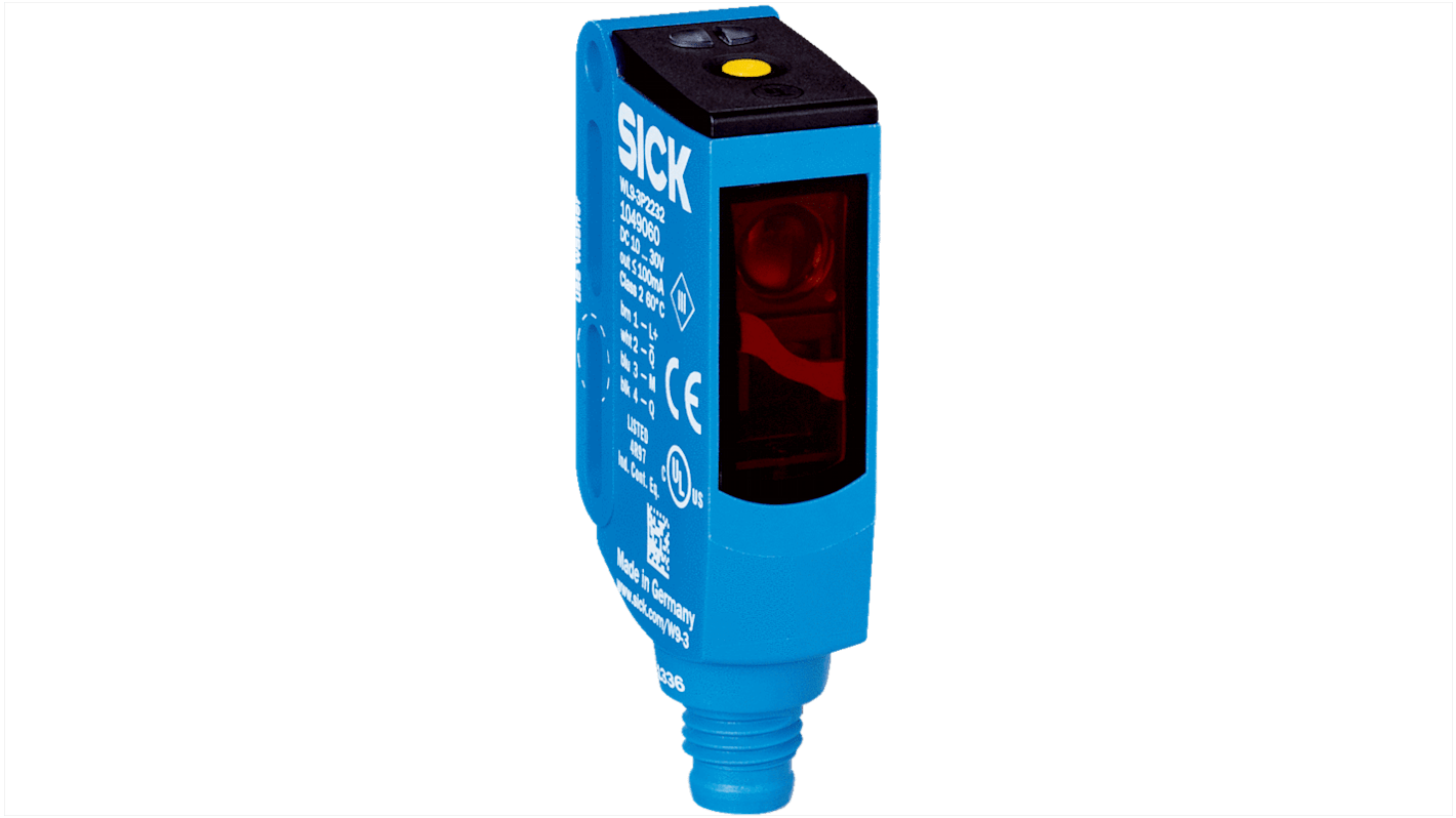 Sensore fotoelettrico rettangolare a retroriflessione Sick WL9-3P2232S09, rilevamento fino a 5 m, montaggio filettato, IP66/IP67/IP69K.