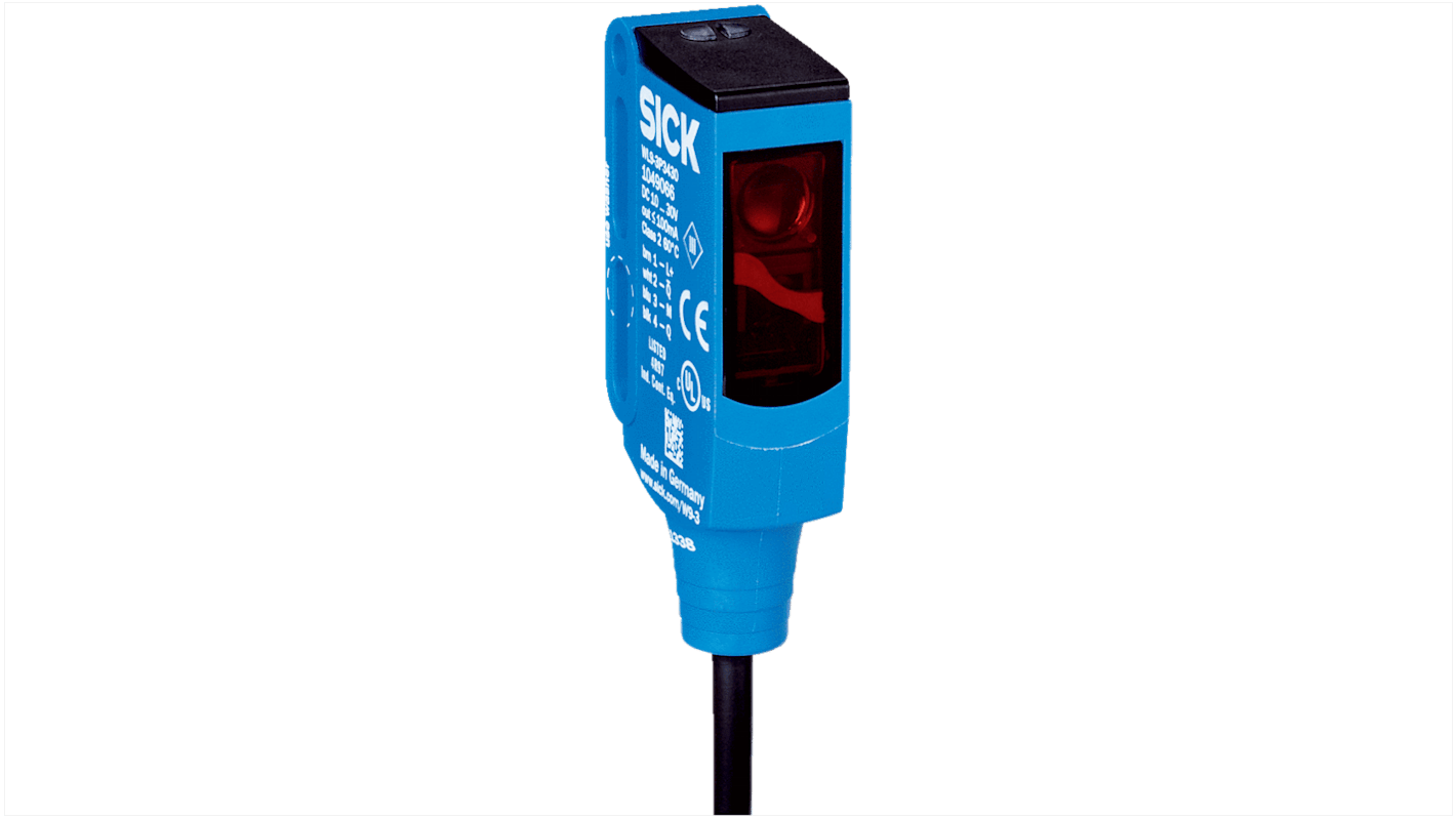 Sensore fotoelettrico rettangolare Sick WL9-3P3430S12 a retroriflessione, rilevamento fino a 4 m, uscita PNP, grado di protezione IP67.