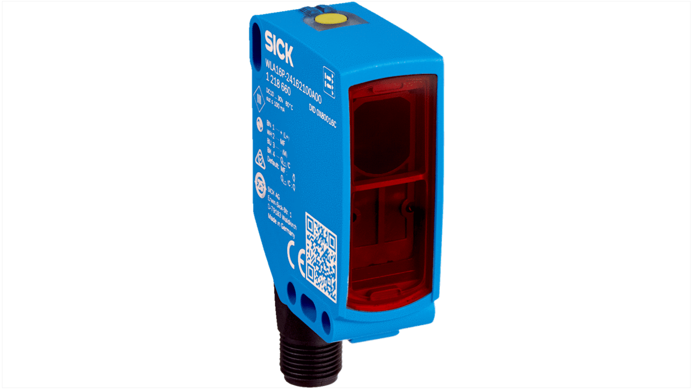 Sensore fotoelettrico rettangolare Sick WLA16P-24862130A00 a retroriflessione, rilevamento fino a 10 m, uscita NPN/PNP, connettore M12.