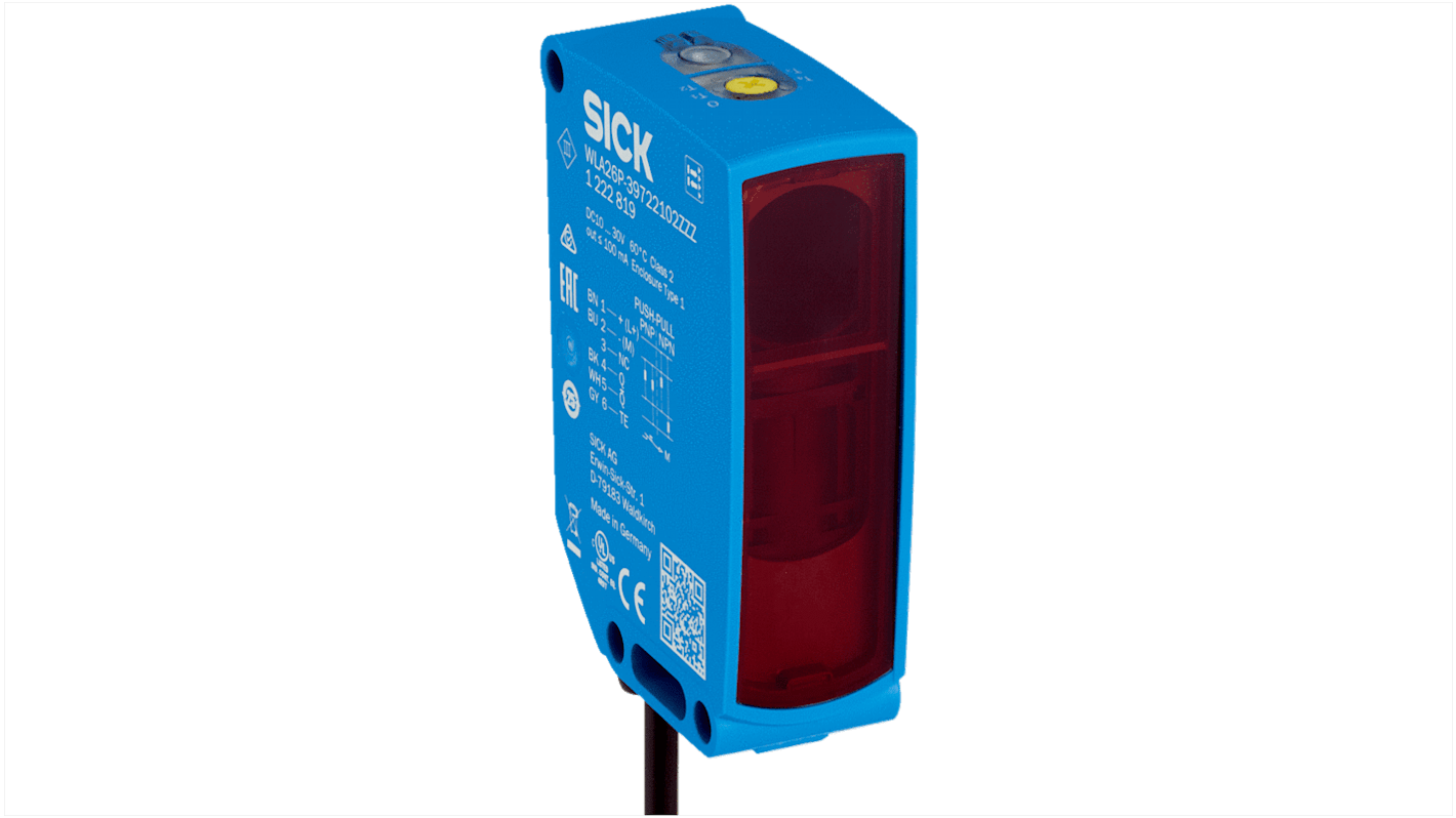 Sensore fotoelettrico rettangolare Sick WLA26P-39722102ZZZ, rilevamento fino a 18 m, uscita PNP/NPN, grado di protezione IP65.