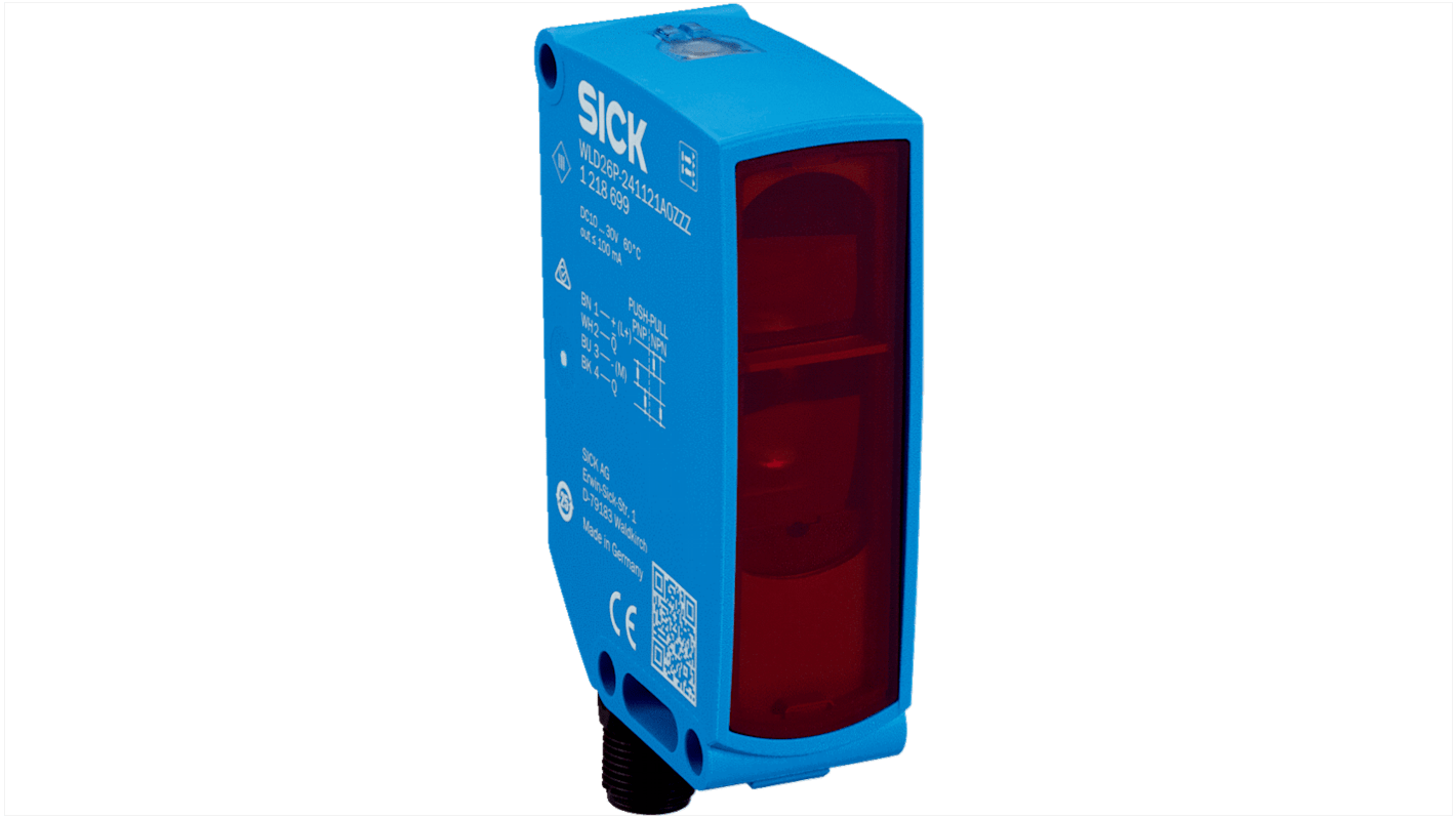 Sensore fotoelettrico compatto Sick WLD26P-241122A0ZZZ, rilevamento 0,25-3 m, uscita NPN/PNP, grado di protezione IP67/IP69.
