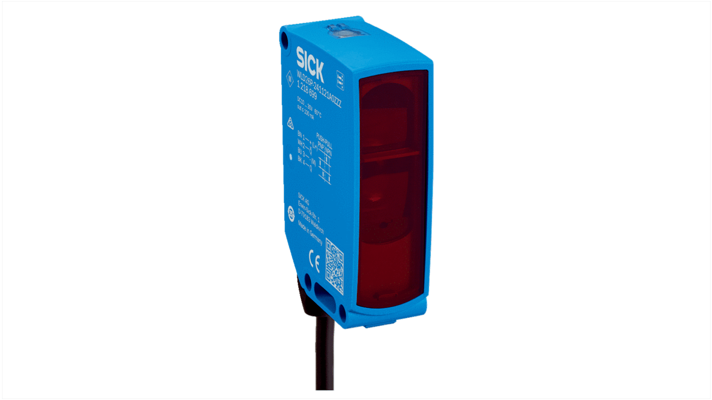 Sensore fotoelettrico cilindrico a retroriflessione Sick WLD26P-341121A0ZZZ, rilevamento fino a 19 m, montaggio a foro, IP66/IP67/IP69K.