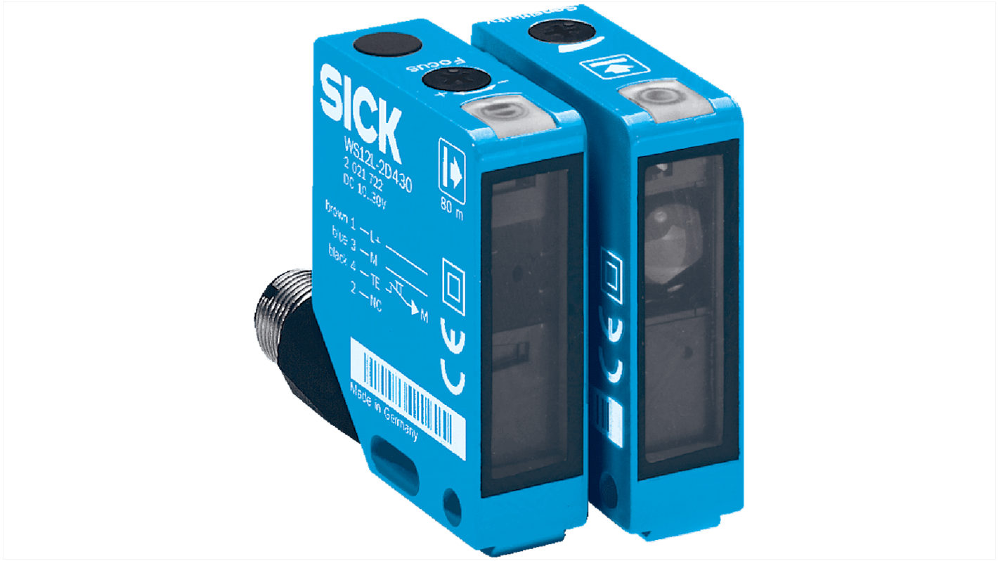Sensore fotoelettrico rettangolare Sick WS/WE12L-2N430, rilevamento fino a 80 m, uscita NPN, grado di protezione IP67/IP69K.
