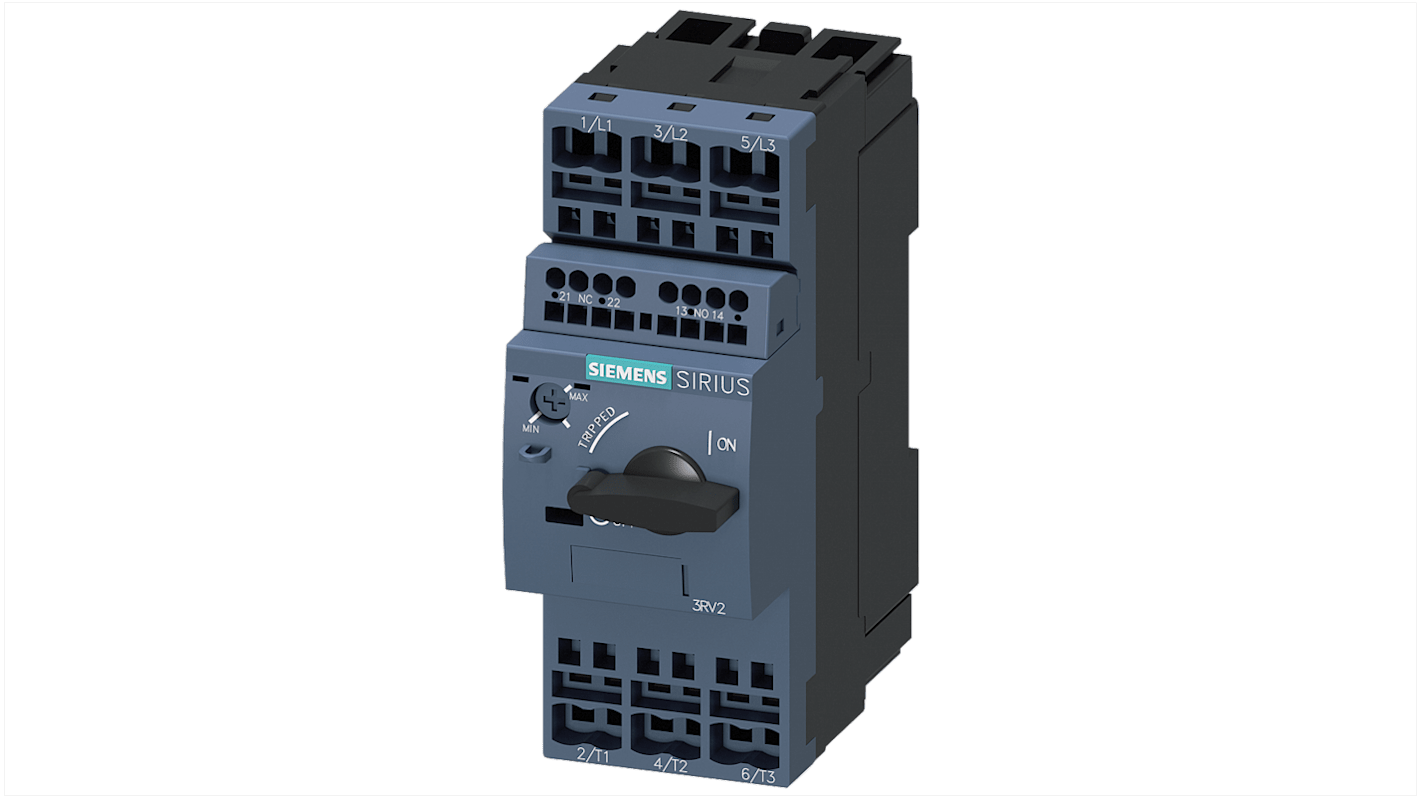 Unità di controllo magnetico motore Siemens 3RV2021-1HA25, 690 V, 8 A, con protezione cortocircuito e rilevamento guasto fase.