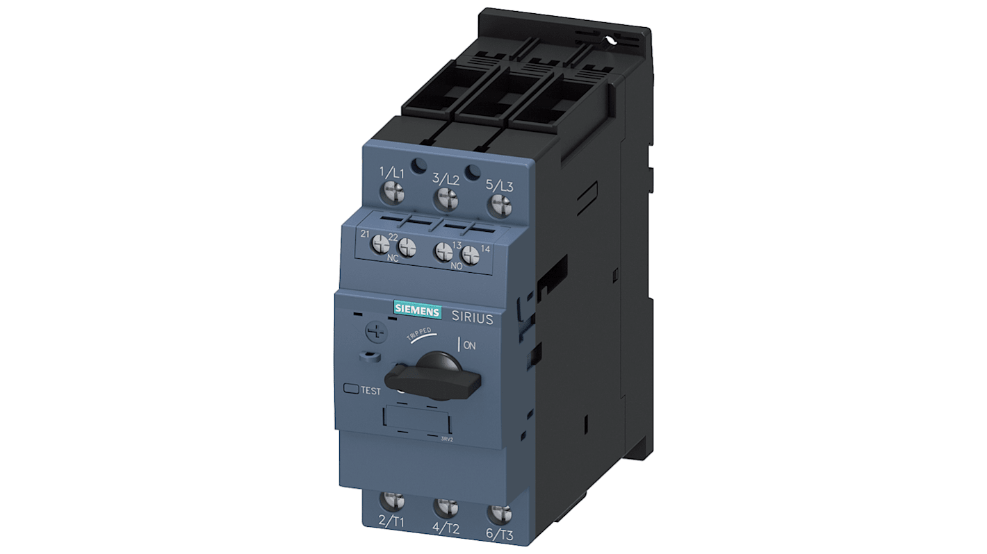 Siemens 3RV2031-4DA15, unità di controllo magnetico motore SIRIUS, 25 A, 690 V, con protezione cortocircuito e rilevamento guasto.