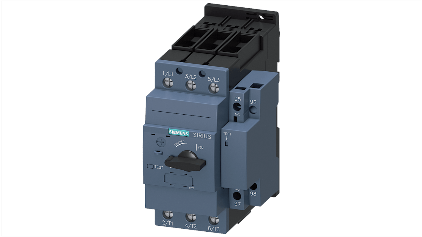 Siemens 3RV2131-4EA10, unità di controllo magnetico motore, 690 V, 32 A, con protezione cortocircuito e rilevamento guasto.