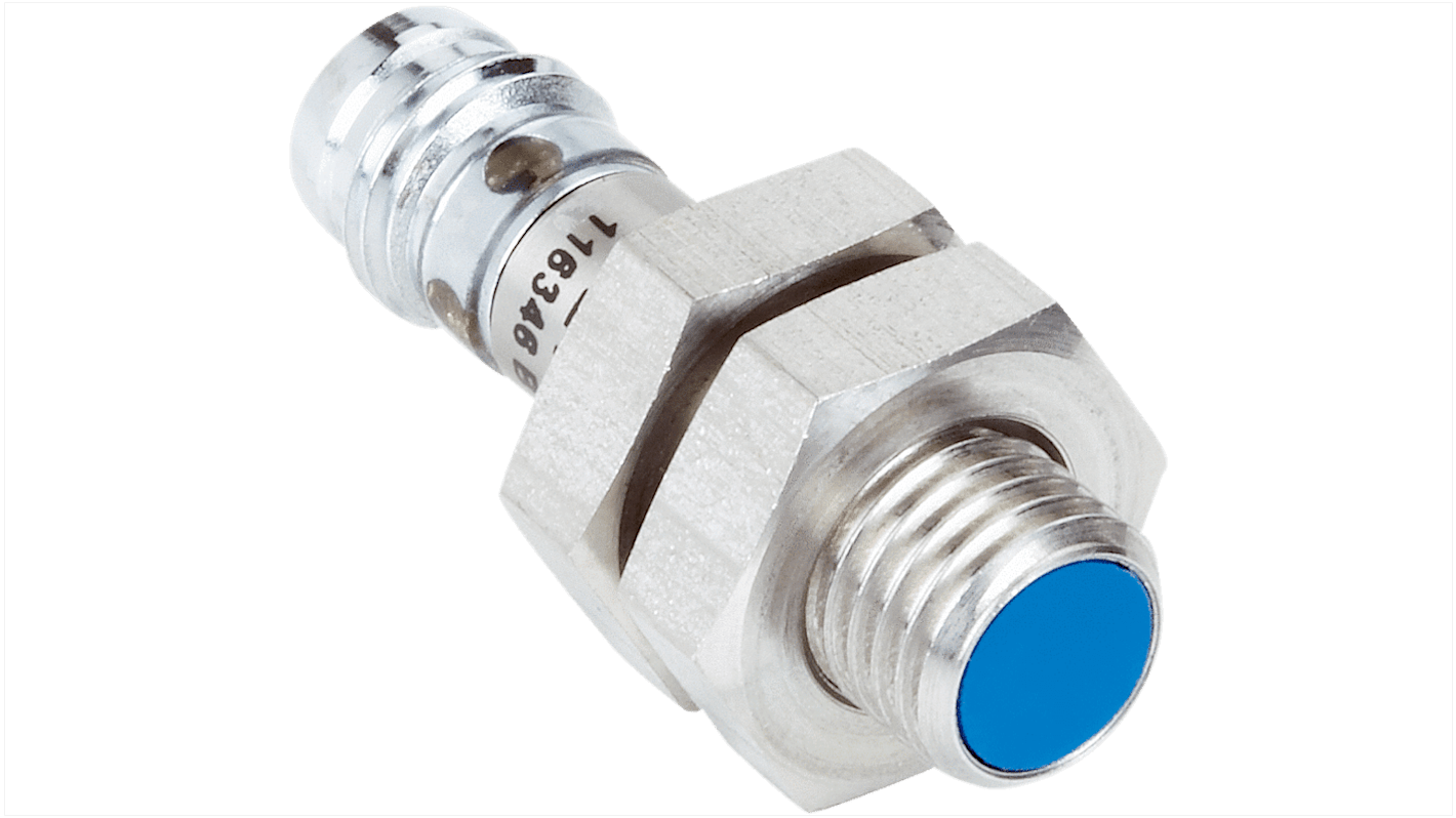 Sensore di prossimità induttivo cilindrico Sick IM08-1B5NS-ZC1, uscita NPN, rilevamento 1,5 mm, IP67, montaggio a filo.