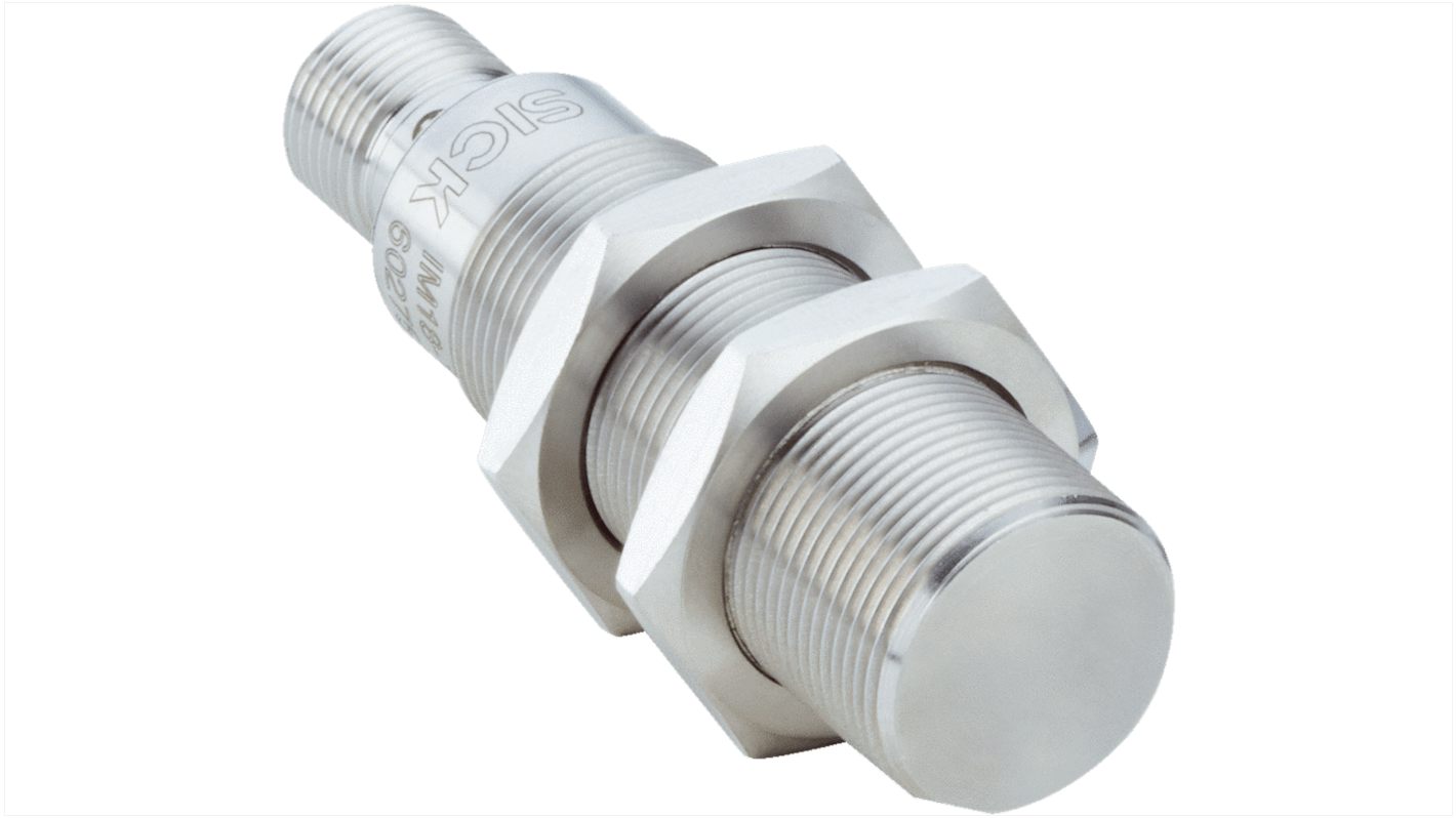 Sensore di prossimità induttivo cilindrico Sick IM18-10BPS-VC1, PNP, gamma di rilevamento 10 mm, montaggio a filo, grado di protezione IP67.